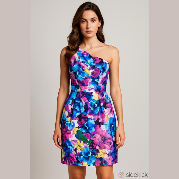 Bisou Bisou Dresses & Skirts - Bisou Bisou One Shoulder Floral Dress - Purple and Blue